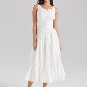 Bohemian Solid Color Sleeveless Lace Up Resort Wear Midi Dress