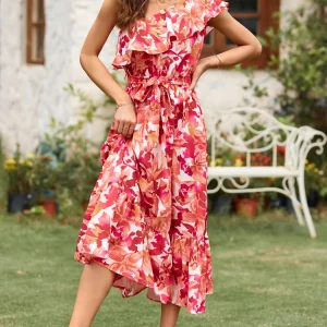 Bohemian Style Sleeveless Shoulder Elastic Waist Ruffle Twisted Layers Dress