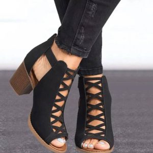 Buckle Roman Fish Mouth Hollow Out Large Size Thick High Heel Sandals