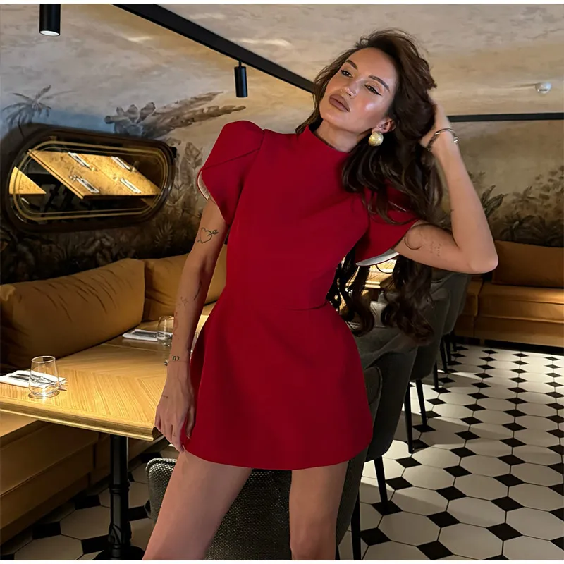 Casual Back Hollow Out Mock Neck Fitted Short Sleeve High Waist A-line Dresses