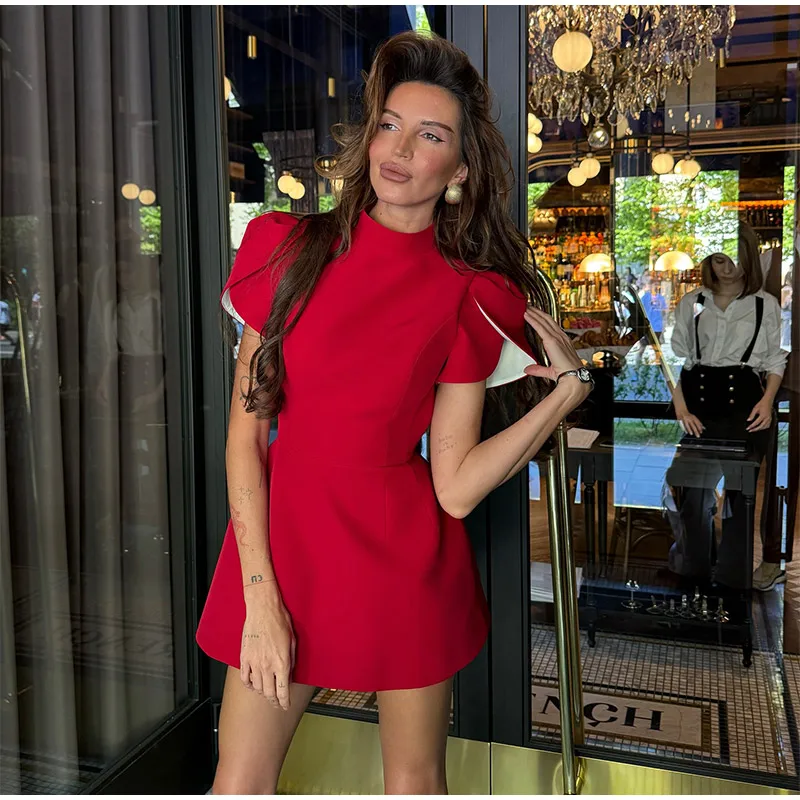 Casual Back Hollow Out Mock Neck Fitted Short Sleeve High Waist A-line Dresses - Image 5