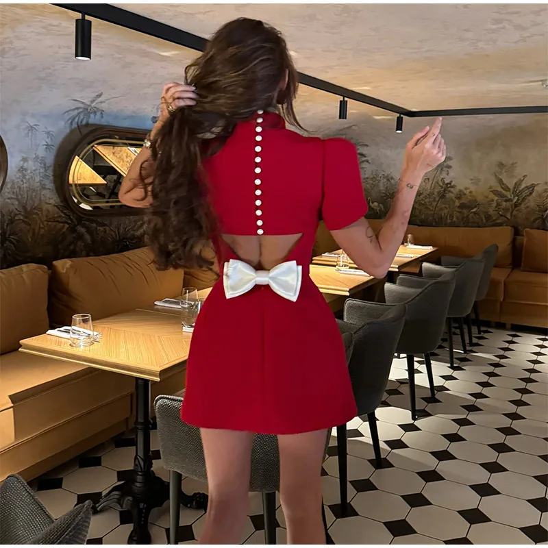 Casual Back Hollow Out Mock Neck Fitted Short Sleeve High Waist A-line Dresses - Image 8