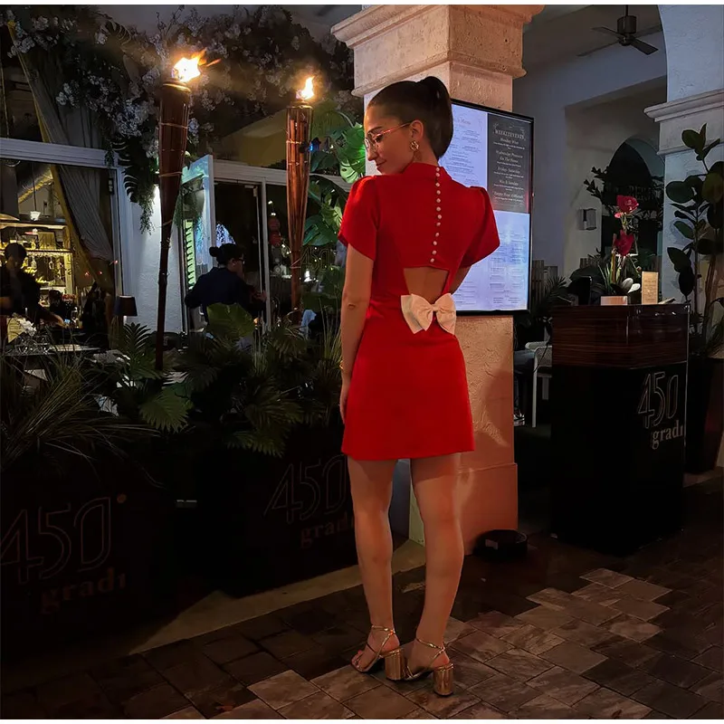 Casual Back Hollow Out Mock Neck Fitted Short Sleeve High Waist A-line Dresses - Image 7