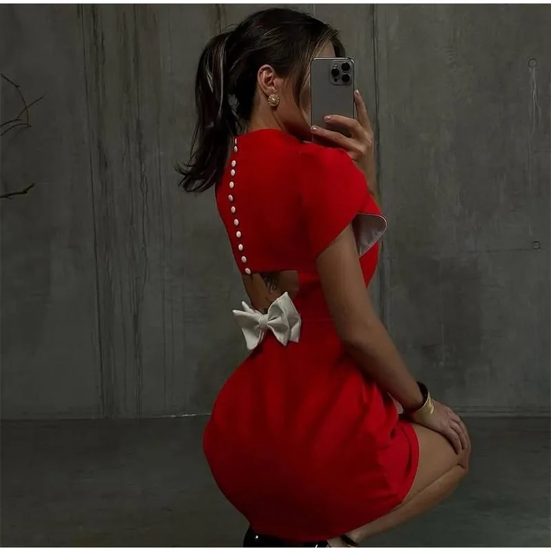 Casual Back Hollow Out Mock Neck Fitted Short Sleeve High Waist A-line Dresses - Image 9