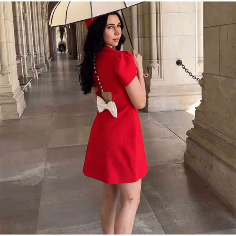 Casual Back Hollow Out Mock Neck Fitted Short Sleeve High Waist A-line Dresses - Image 6