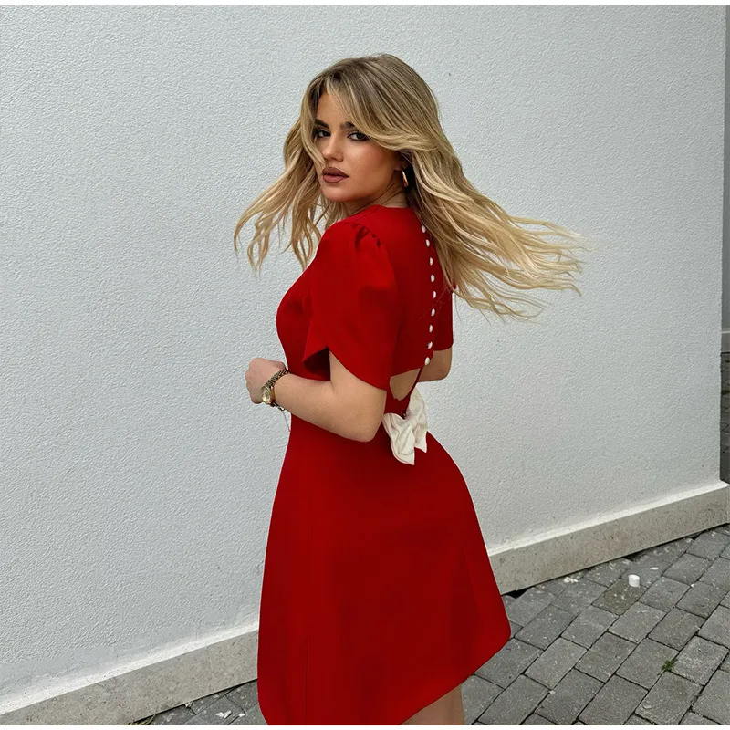 Casual Back Hollow Out Mock Neck Fitted Short Sleeve High Waist A-line Dresses - Image 2