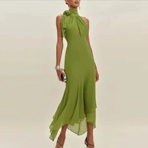 Casual Backless Halter Lace-up Office  Solid High Waist Slim Ruffle Dress