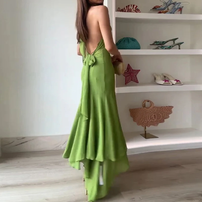 Casual Backless Halter Lace-up Office Solid High Waist Slim Ruffle Dress - Image 3