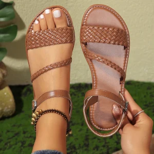 Casual Artificial Leather Braided Design Comfortable Flat Sandals