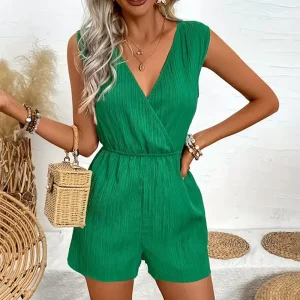 Casual Cross V-neck Herringbone Sleeveless Solid Short Jump Suit