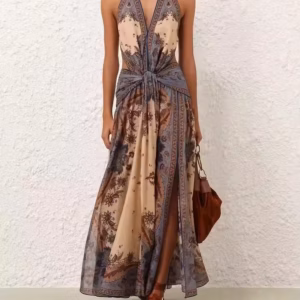 Casual Deep V Neck Cut Out High Slit Backless Midi Dress