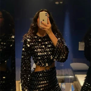 Casual Fashion Long Flare Sleeve Slim Glitter Sequins Hollow Out Mini Dress