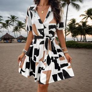 Casual Floral Lace-up Turn Down Collar Short Sleeve Collared Button Dresses