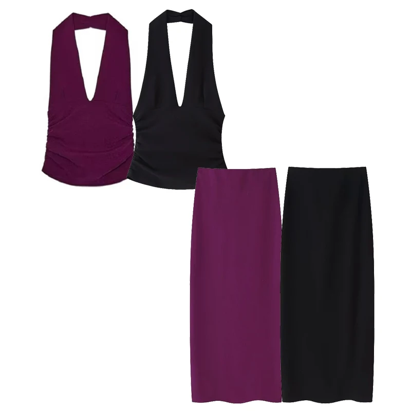 Casual Halter Crop Top Long Ruched Tight Pencil Skirt And Top Two Piece Set - Image 10