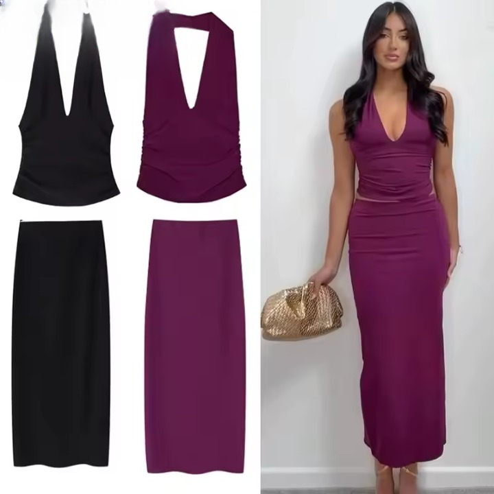 Casual Halter Crop Top Long Ruched Tight Pencil Skirt And Top Two Piece Set