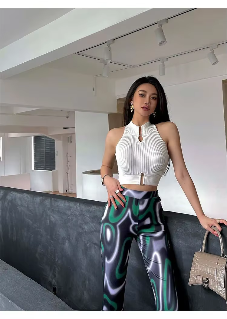 Casual Halter Off Shoulder Elastic Slim Solid Knit Sports Solid Tank Tops - Image 6