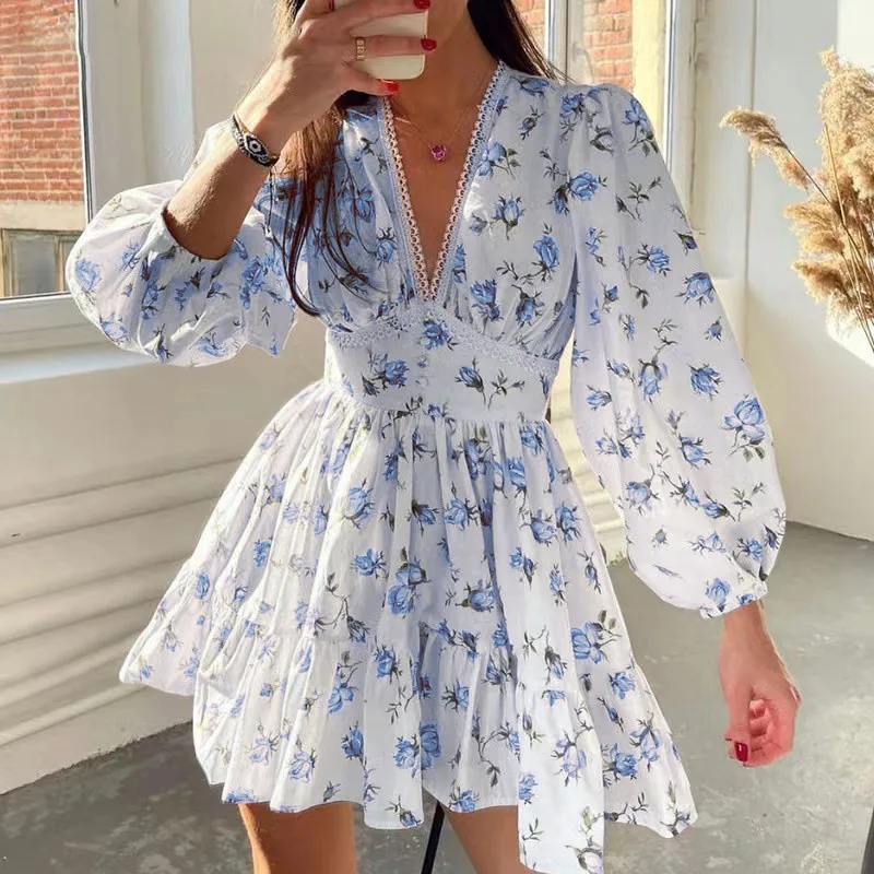 Casual High Waist A-Line Floral Print Long Sleeve V Neck Mini Dresses - Image 2