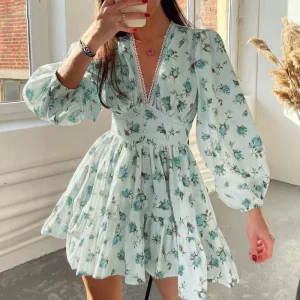 Casual High Waist A-Line  Floral Print Long Sleeve V Neck Mini Dresses