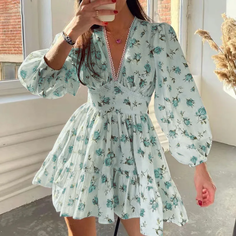 Casual High Waist A-Line Floral Print Long Sleeve V Neck Mini Dresses