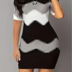 Casual Large-Color Block Striped Print Long-Sleeved Crew Neck Dress