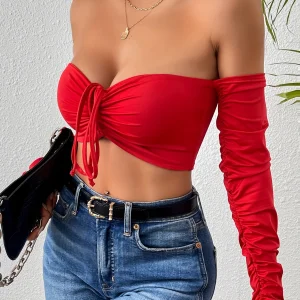Casual Off Shoulder Long Sleeve Front Flattering Fit Ruched Crop T-Shirt