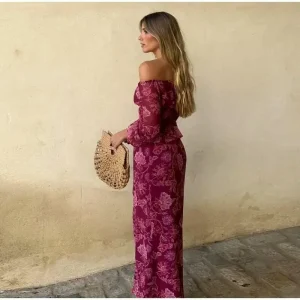 Casual One-Shoulder Slim Long-Sleeved High Straight Slit printed Suit