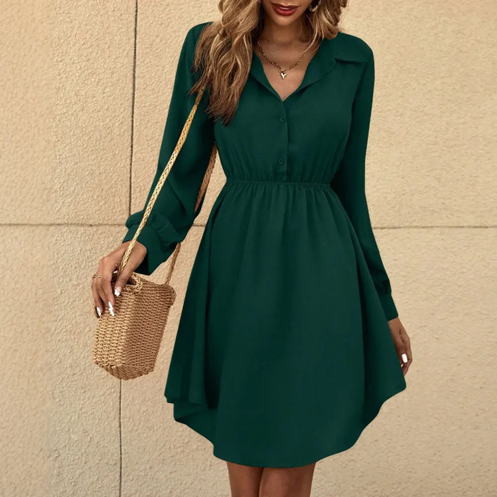 Casual Plain Long Sleeve Shirt Collar A Line Mini Daily Dresses