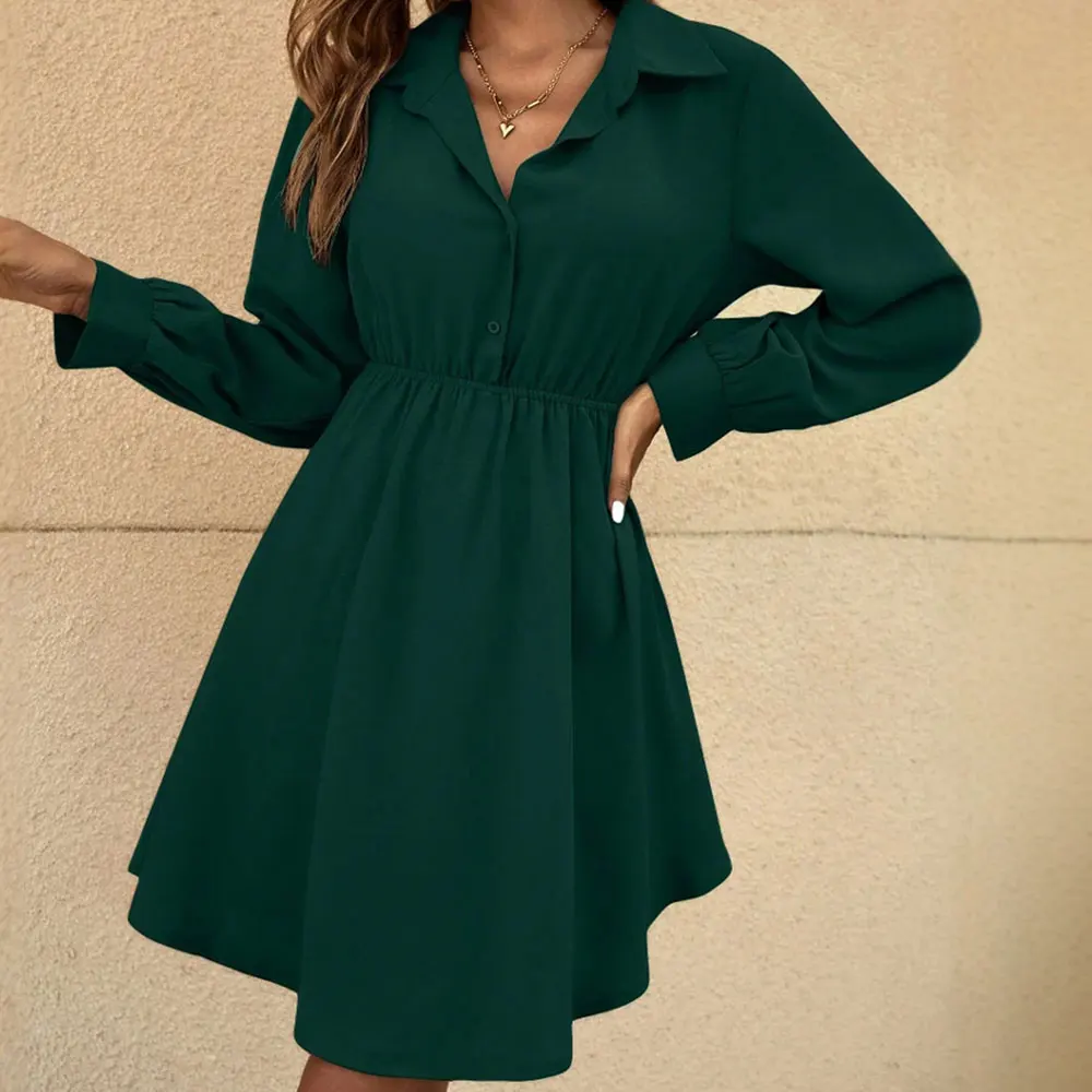 Casual Plain Long Sleeve Shirt Collar A Line Mini Daily Dresses - Image 3