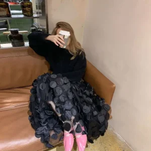 Casual Polka Dot 3D Design Tulle Mesh Skirt Vintage Elastic Waist Long Skirt