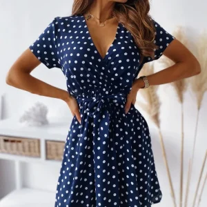 Casual Polka Dot Printed Short Sleeved V-neck Belt Commuting Holiday Party Dress