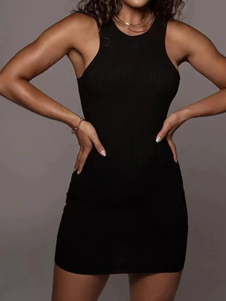 Casual Ribbed Bodycon Sleeveless Vest Solid Color Tight Fitting Mini Dress - Image 11