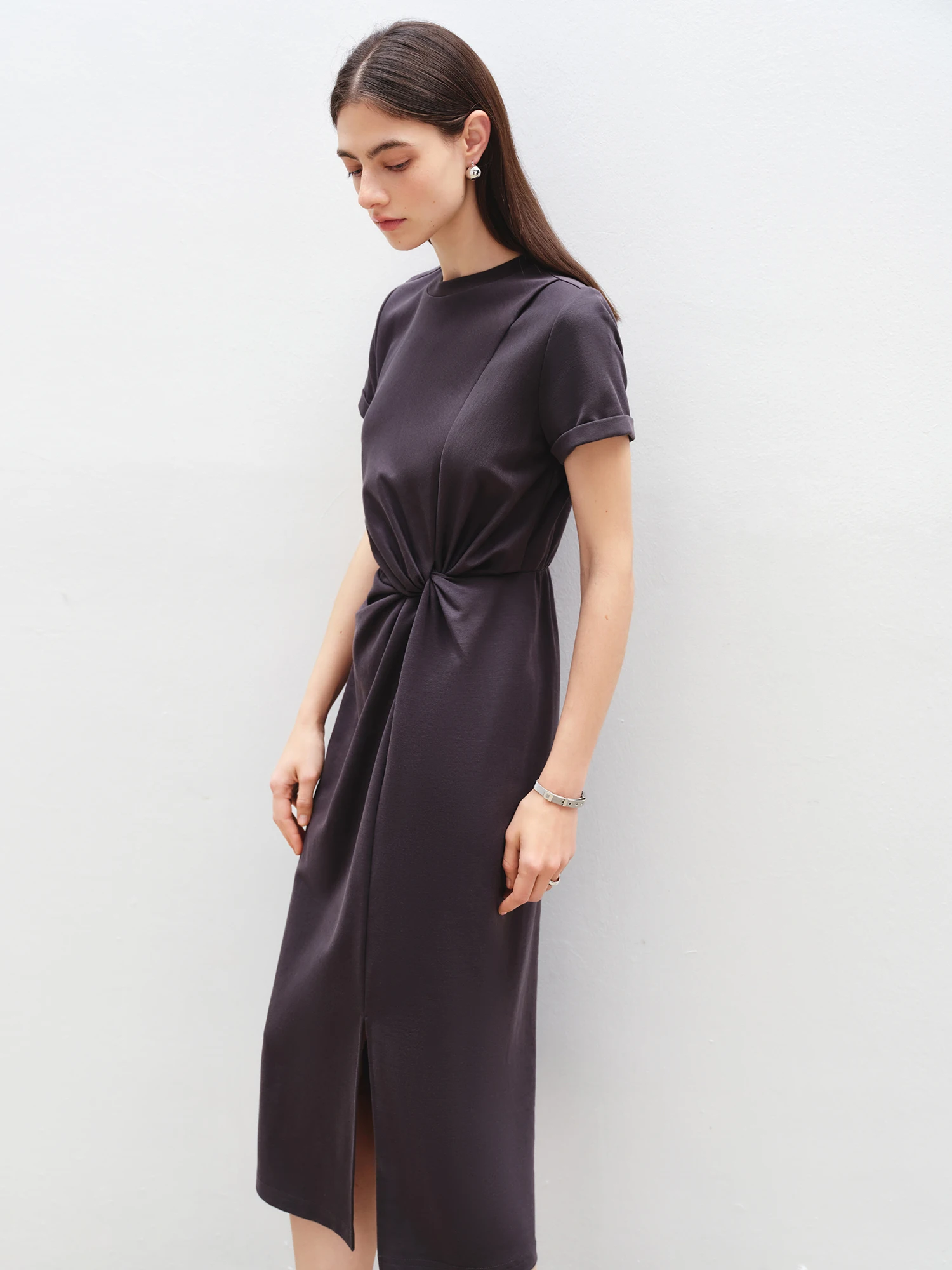 Casual Round Neck Short Sleeve Mid-Calf Solid Long Dresses - Image 3