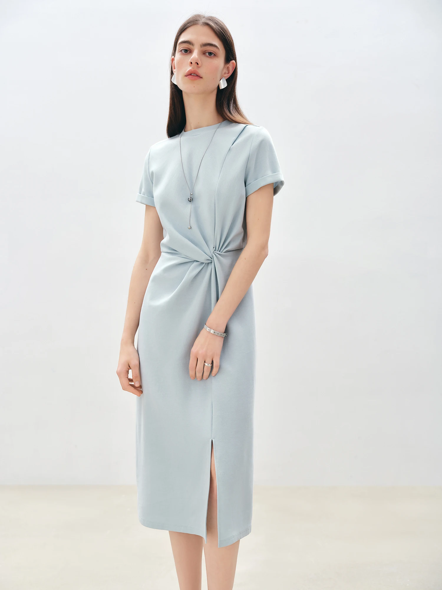 Casual Round Neck Short Sleeve Mid-Calf Solid Long Dresses - Image 11