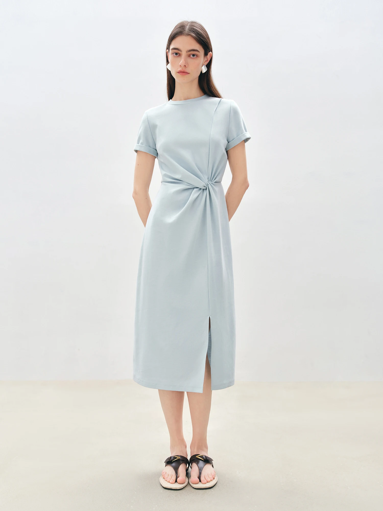 Casual Round Neck Short Sleeve Mid-Calf Solid Long Dresses - Image 9