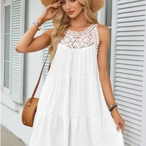 Casual Round Neck Short Sleeved Solid Color Lace Hollow Out Dress