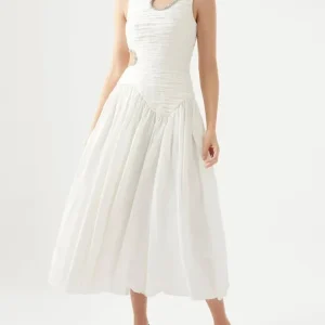 Luxury Round Neck Sleeveless Off Shoulder Hollow Out High Pleated Dress