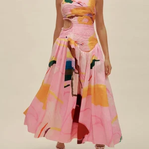 Casual Round Neck Sleeveless Off Shoulder Hollow Out High Pleated Dress