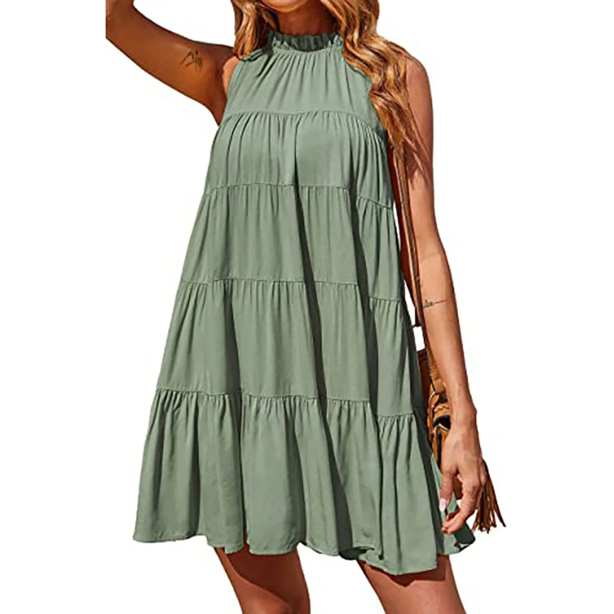 Casual Round Neck Solid Ruffled Pleated Loose Sleeveless Dress - Image 2