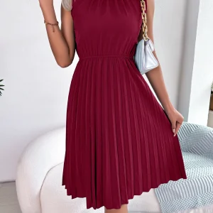 Casual Ruffles Sleeveless Non-stretch Pleated Knee Length Dress