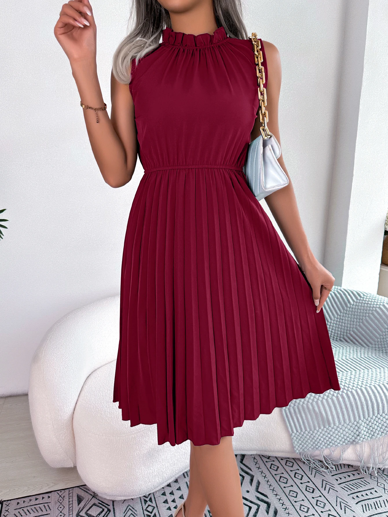 Casual Ruffles Sleeveless Non-stretch Pleated Knee Length Dress