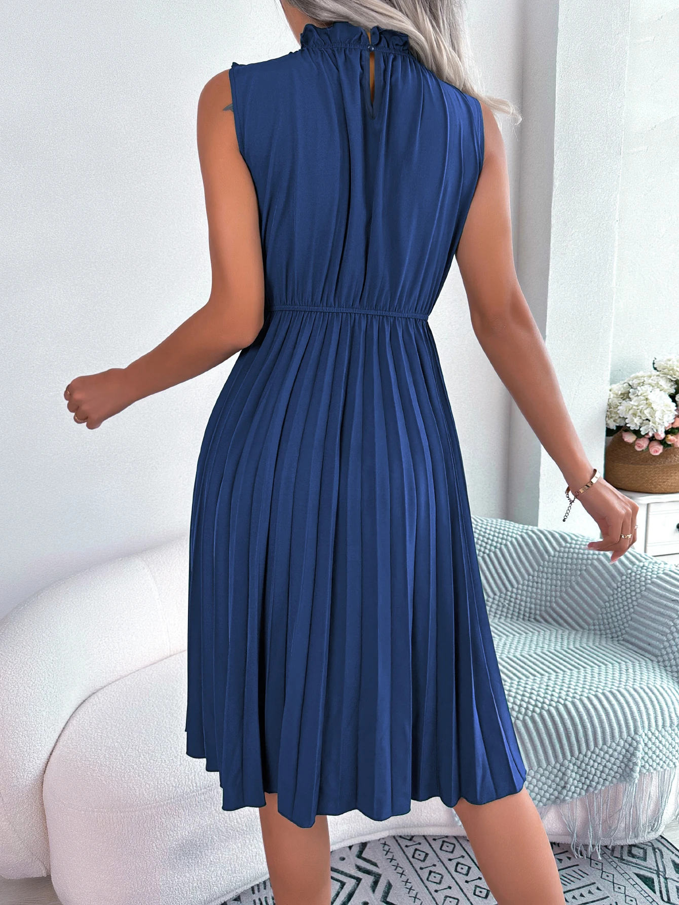 Casual Ruffles Sleeveless Non-stretch Pleated Knee Length Dress - Image 15