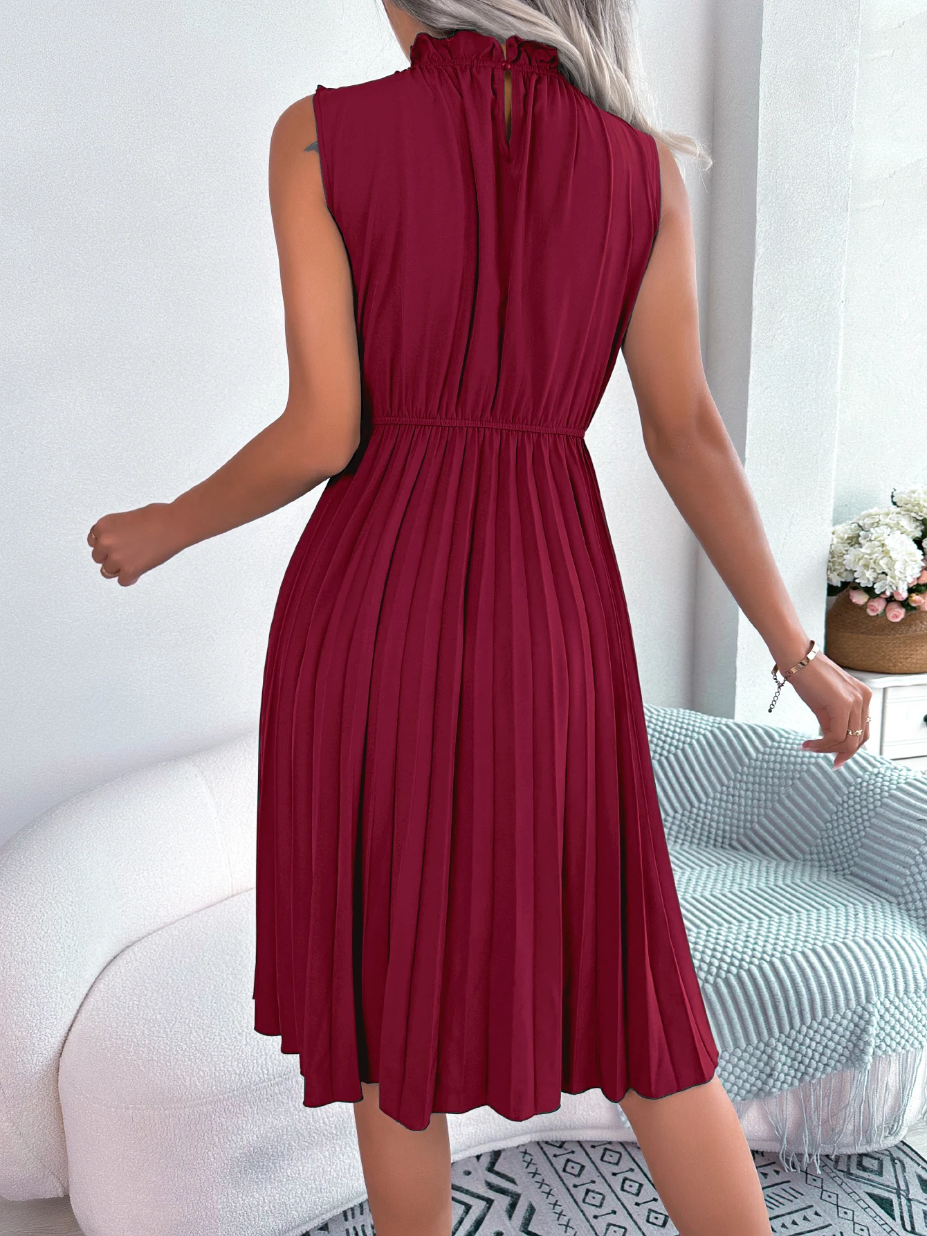 Casual Ruffles Sleeveless Non-stretch Pleated Knee Length Dress - Image 4