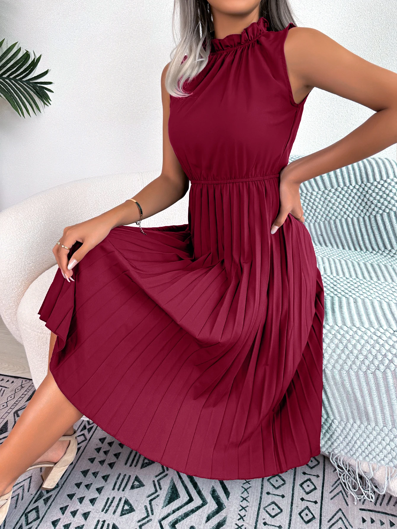 Casual Ruffles Sleeveless Non-stretch Pleated Knee Length Dress - Image 2