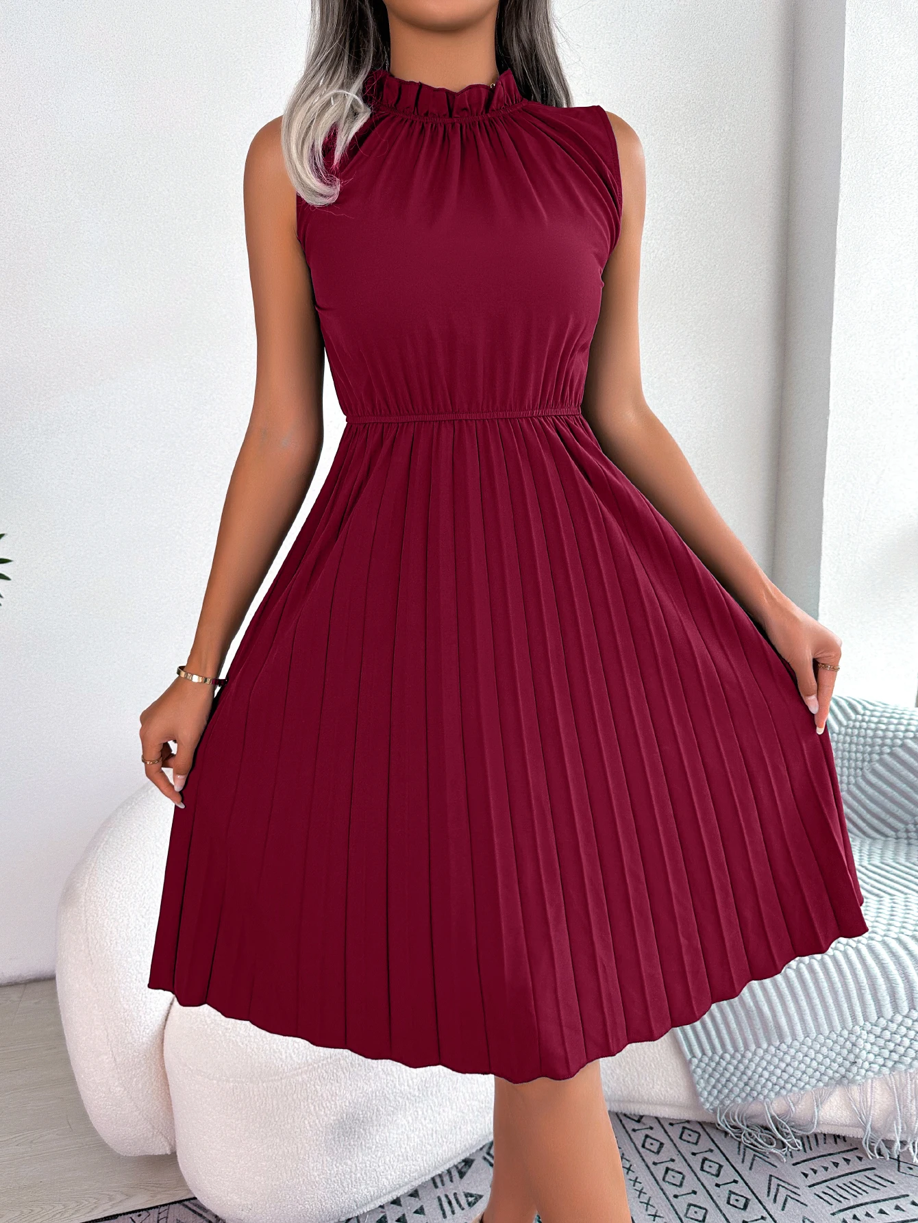 Casual Ruffles Sleeveless Non-stretch Pleated Knee Length Dress - Image 3