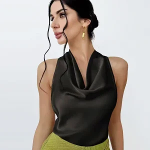 Casual Satin Halter Sleeveless Backless Vests Off Shoulder Tanks Top