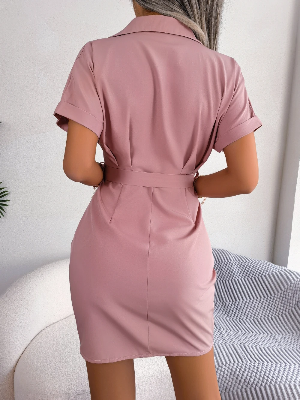 Casual Short Sleeve Buttons Slight stretch Pleated Pencil Dress - Image 15
