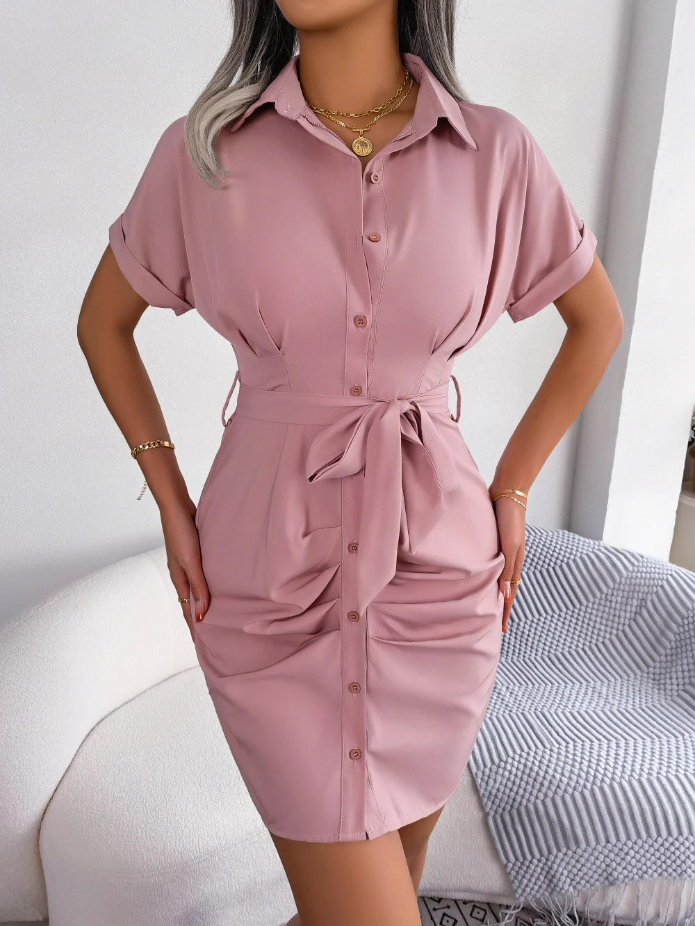 Casual Short Sleeve Buttons Slight stretch Pleated Pencil Dress - Image 14
