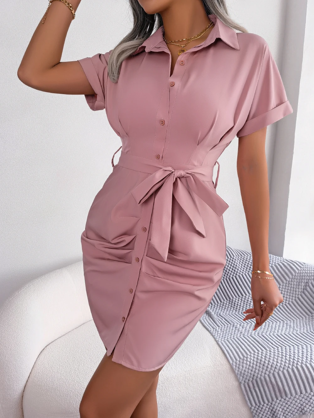 Casual Short Sleeve Buttons Slight stretch Pleated Pencil Dress - Image 11