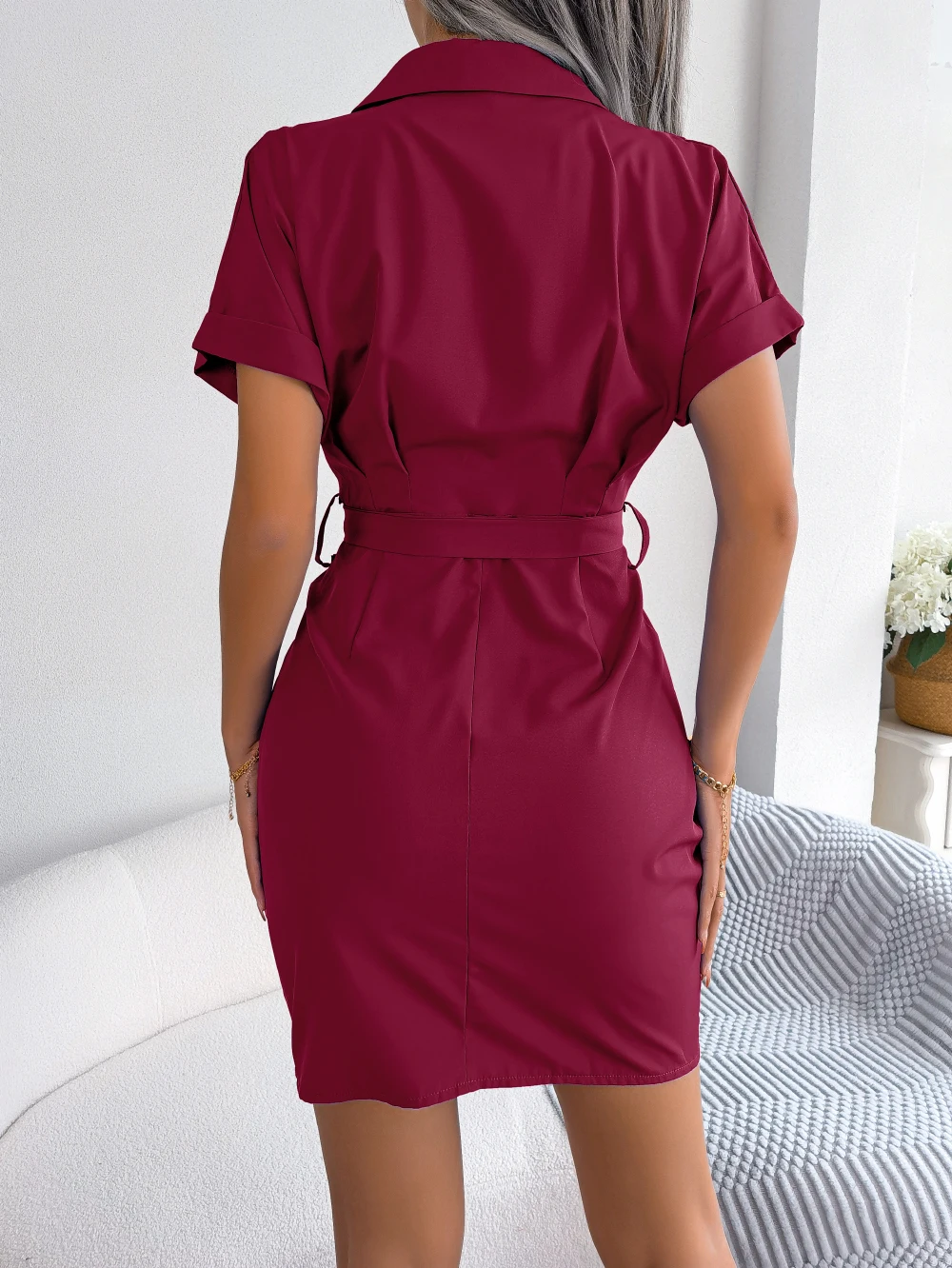 Casual Short Sleeve Buttons Slight stretch Pleated Pencil Dress - Image 6