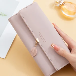 Casual Small Fresh Leaf Pendant Three Fold Long Zipper Pu Leather Money Coin Holder Long Purse Clutch Wallets